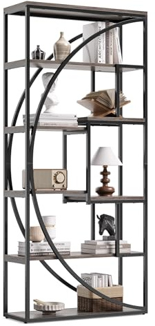 LITTLE TREE 180 cm Bücherregal, Industrielles Metall Regal, 6-étagiges Hohes Bücherregal, Ausstellungsregal zur Aufbewahrung für Wohnzimmer & Büro, Graues