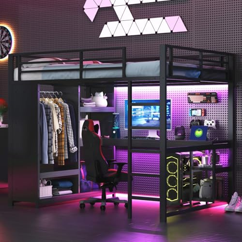 ZHOMGG Lit Mezzanine avec Bureau, Lit Superposé en Métal avec Armoire, Étagères, Garde-Corps Sécurité, LED RGB App, Escalier, Prises de Charge(sans Matelas)(B-Noir, 140x200cm)