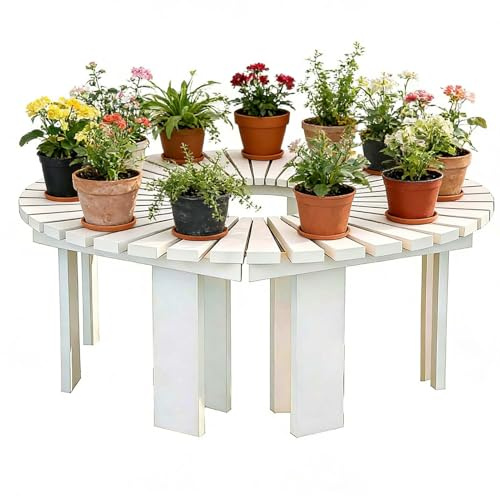 Gaommini Soporte para Plantas Blanco Banco para árboles de jardín al Aire Libre Asientos para Patio envolventes - Taburete para Bancos de jardín para Todo Clima, Azul(Blanco,Half Round)