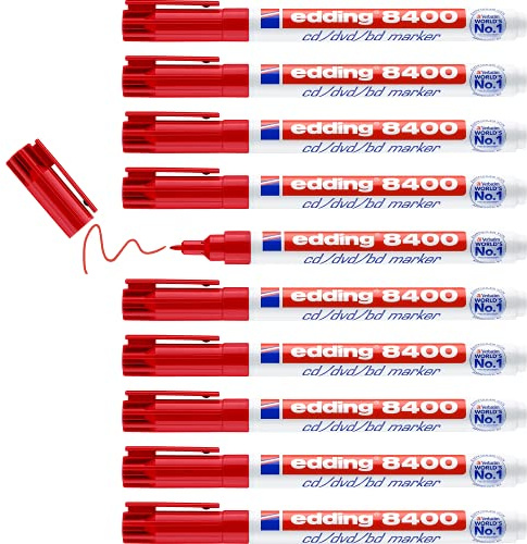 edding 8400 CD/DVD/BD marker - rot - 10 Stifte - feine Rundspitze 0,5-1 mm - zur dauerhaften Beschriftung von CDs, DVDs und Blu-Ray Discs