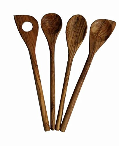 Hellenikos 4X Olivenholz Kochlöffel Küchenhelfer Set Oliven Holz Koch Löffel Geschenk Set 4 Teile je ca. 30cm spitz oval rund Holzlöffel Küchenset