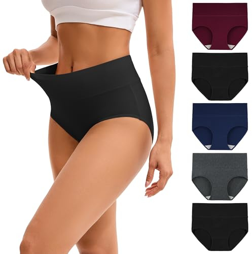 INNERSY Women's High Waisted Underwear Cotton Panties Regular & Plus Size 5-Pack(M,Darks 1)