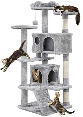 Yaheetech Albero Tiragraffi per Gatti 139 cm con 3 Pali Graffiatoi 3 Posatoi 2 Grotta 2 Pompon in Peluche a Più Livelli Giocattolo Gioco Grigio Chiaro