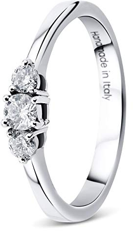 OROVI Damen Diamant Ring Weißgold, Verlobungsring 9 Karat (375) Gold und Diamanten Brillanten 0.23 Ct, Trio Diamant Ring Ring Handgemacht in Italien