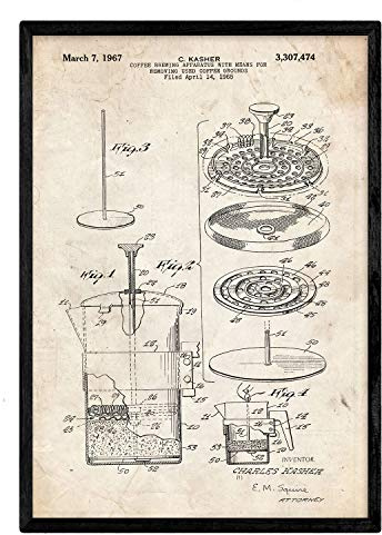 Nacnic Poster Patent Kaffee 3. Folie mit alten Design-Patent in der Größe A3 und Vintage-Hintergrund