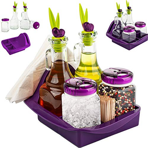 alles-meine.de GmbH Tischset mit Tablett/Menage Set - Glas Flaschen für - Öl & Essig + Salz- & Pfefferstreuer - lila/violett - Ölflasche/Essigflasche - Servierset - für ESS..