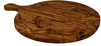 Servierbrett Pizzabrett Rund mit Griff Schneidbrett Küchenbrett Brettchen aus Olivenholz Rustikal ca. 30 CM