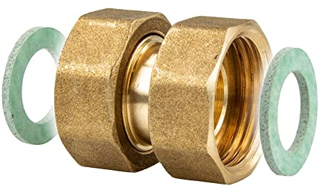 tecuro Verschraubung mit beidseitig drehbaren Überwurfmuttern, 3/4 x 3/4 Zoll, flachdichtend, Innengewinde Rp, DVGW zugelassen, Messing CW617N