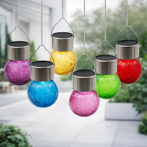 DRULINE 6er Set LED Hängelampe - Solarleuchte Balkon - LED Solarleuchte - Gartenleuchte Solar - Metall/Glas - rot/gelb/lila/blau/grün/pink - B/H ca. 6 x 9,5 cm - Geschenkidee