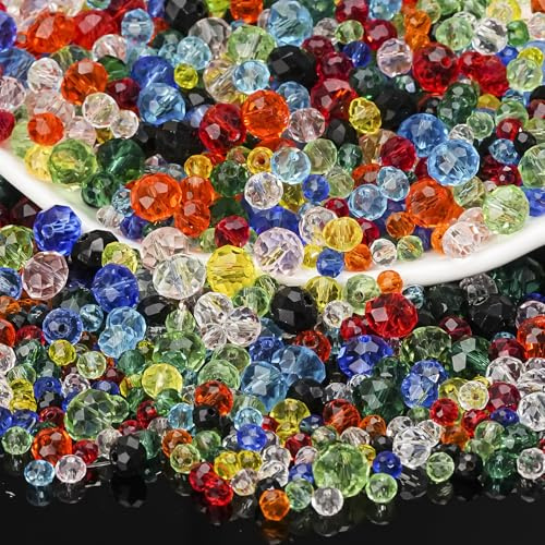 DAHI 950pcs Glass Beads Faceted Rondelle Shape Crystal Bead 4/6/8mm Colorful Crystal Glass Bead Assorted Colorful Craft BeadsBulk Loose Beads for DIY Craft Bracelets, Necklace Jewelry Making(4/6/8mm)