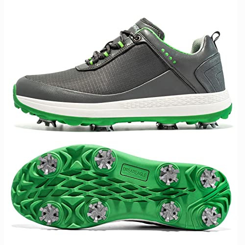 TECDOTO Golfschuhe für Herren wasserdichte Spike Golf Turnschuhe Große Größe, Weite Passform, Lässig Outdoor-Sport-Trainingsschuhe,Gray-47EU