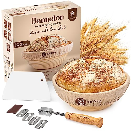 ABIOTO Banneton Bread Proofing Basket Set - A Complete Kit Including 10-Inch Brotform Basket, Bread Lame, Dough Scraper & Linen Liner - Odor-Free & No Splinters - Perfect for Shaping Sourdough Bread