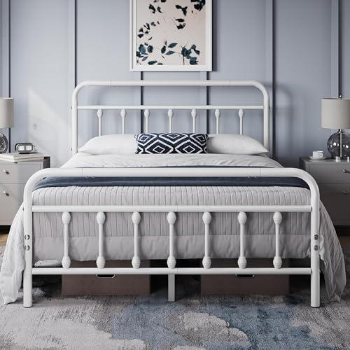 Yaheetech 4ft6 Double Bed Frame Vintage Iron Platform Bed with High Headboard and Footboard, Strong Metal-Framed Bed with Storage White