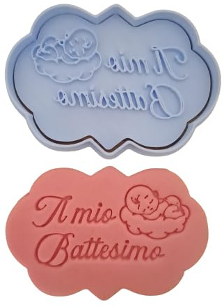 Tagliabiscotti.it - Il Mio Battesimo scritta in corsivo con Bambino Sulla Nuvoletta - Religione Sacramento Nascita Cookies cutter - Tagliabiscotti - 8cm