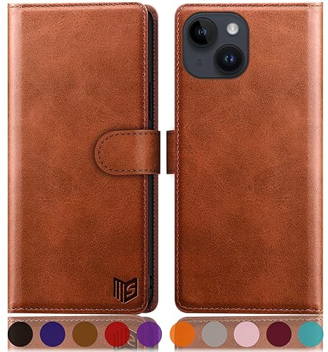 SUANPOT Design für iPhone 15 6.1 Hülle PU Leder [RFID Schutz] Handyhülle Lederhülle Klapphülle Kartenfach Flip Cover für Apple 15 Handy hülle Leather Wallet Phone Case Hellbraun