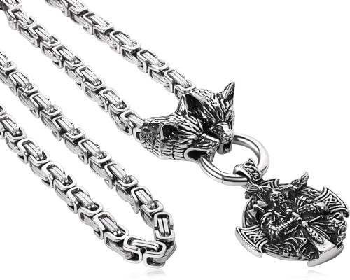 OIDEA Herren Wikinger Halskette mit Königskette: Schwer Punk Rock Wolfskopf Thors Hammer Anhänger Wolf Kopf Odin Bärenklaue Nordisch Viking Schmuck Geschenk für Männer Freund Vater
