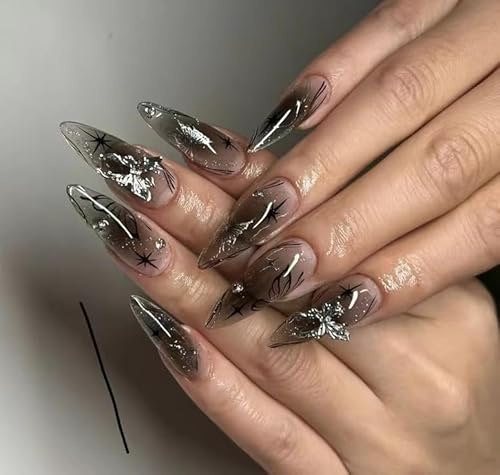 MouyouGlow Press on Nails Mittellang,Almond Sheer Schwarz 3D Schmetterling Star Print Y2K Fake Nails mit Nagelkleber,Gothic Künstliche Fingernägel