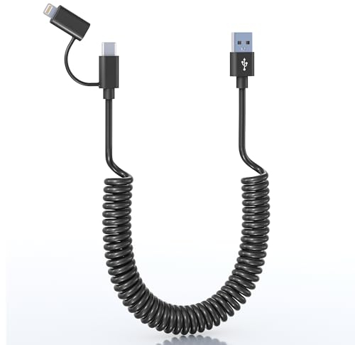 USB auf USB C und Lightning Spiralkabel 2 in 1 Apple Carplay und Android Auto Kabel, Schnellladen Datenübertragung und MFi Zertifiziert Kurz Spiral Typ C & Lightning Kabel für iPhone & Android Telefon