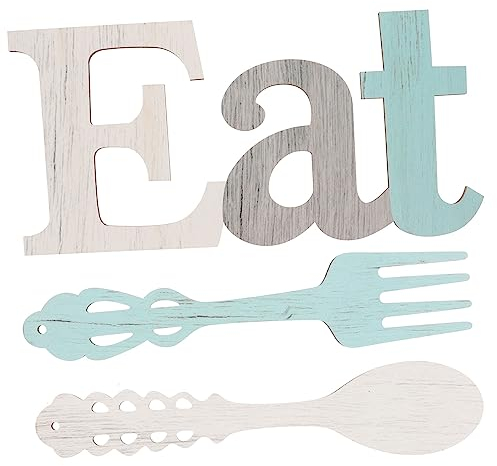 Ciieeo 3pcs Wooden Letter Tableware Spoon and Fork for Kitchen Decor Rustic Kitchen Signs for Home Lets Eat Sign for Dining Table