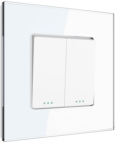 PULSAR Doppel Lichtschalter Unterputz 1 Fach Glas Weiß, Ein- / Aus Schalter Doppelt Wandlichtschalter Standardschalter Doppelschalter 86x86mm EU-Standard