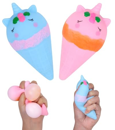 Anboor Ice Cream Squishy Spielzeug 2er-Pack, süßer Einhorn Stressball für Mädchen und Jungen, sensorisches Lebensmittel-Druckspielzeug zur Angstlinderung, dehnbares Fidget-Spielzeug (Blau & Rosa)