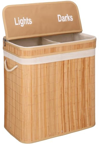 Springos Cesto portabiancheria in bambù con coperchio da 100 l, 2 scomparti, pieghevole, con maniglie portatili