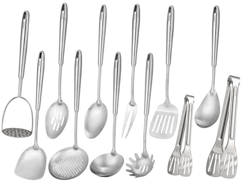 18/10 Stainless Steel Kitchen Utensils Set - 12 PCS All Metal Cooking Tools & 15″ Serving Utensils - Potato Masher, Meat Fork, Tongs, Turner, Pasta, Serving Spoon, Skimmer, Ladle, Spatula Spoon Set