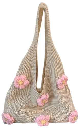 UKETO Borsa all'uncinetto a maglia con fiori di grande capacità, da donna, casual, borsa per ascella, borsa per spiaggia, shopping estivo (rosa), rosa, 310.00x250.00x110.00mm