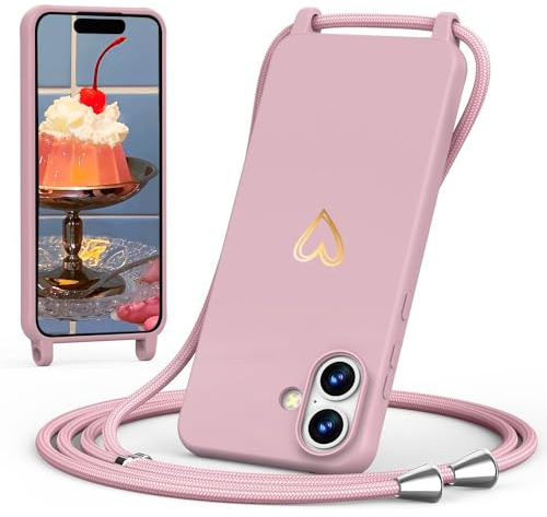 CaseLover Handyband kompatibel mit iPhone 16 Hülle mit Band, Pink | Herz Muster, Silikon Necklace Handyhülle mit Abnehmbar Kordel zum Umhängen, Stossfest Bumper Handy Schutzhülle Case 6.1