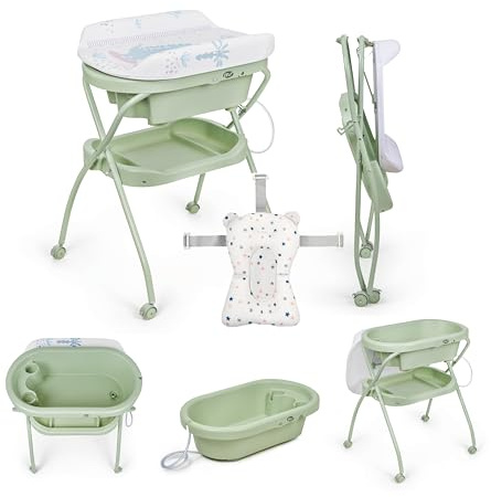 MS BabyWorld – BUBBLE + COJÍN REDUCTOR – Bañera Ergonómica para Bebé con Patas | Cambiador Impermeable Acolchado | Cierre Compacto | Organizador | 4 Ruedas con Frenos