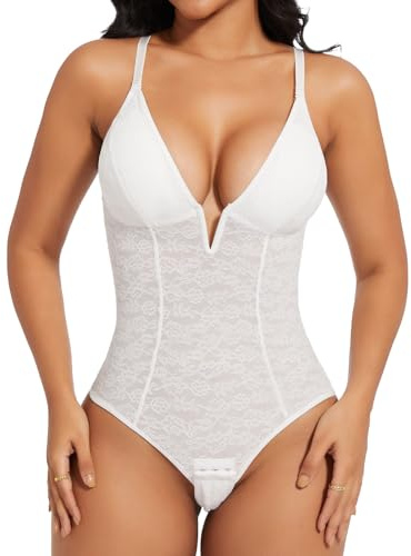 Joyshaper Shapewear dam, body, spets, mage, formande kroppsformare, v-ringad, formande bodysuit, bodysuit, Vit/spets, L
