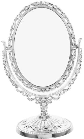 Cabilock Espejo de mesa vintage ovalado de doble cara giratorio, elegante espejo de maquillaje para tocador, espejo de maquillaje decorativo para el hogar y viajes, plata, ABS y vidrio