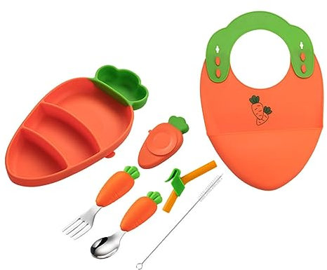 JOINPAYA Silikon Essteller Für Kleinkinder Saugnapf Teller Satz Karottenform Geteilter Snack Teller Mit Gabel Und Löffel Babytraining Für Selbstständiges Essen