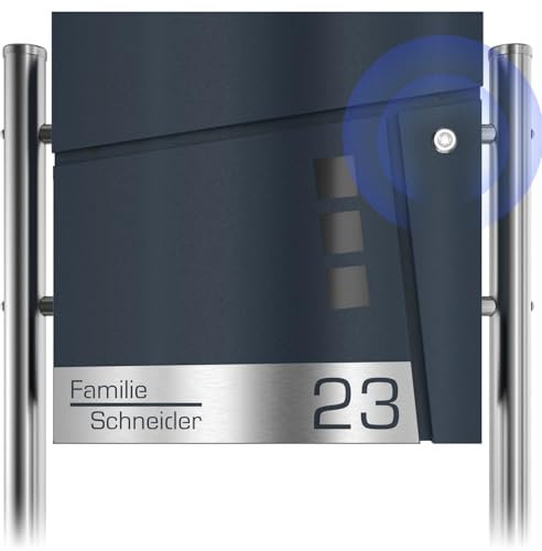 Graviers Design Funk Standbriefkasten mit Anthrazit RAL 7016 - Sichtfenster Briefkasten personalisiert Edelstahl Namen Hausnummer Laserschnitt Gravur - Postkasten mit Schloss