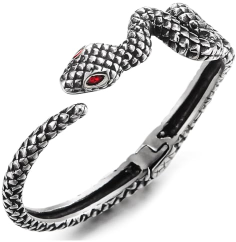 COOLSTEELANDBEYOND Edelstahl Schlange Manschetten Armband für Herren und Damen, Schlange Design mit Rot Augen, Retro Stil Armreif