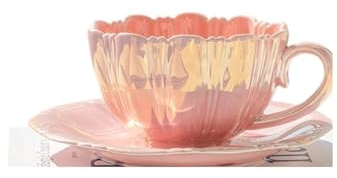 GIYXHU Servizio da tè in Ceramica Tazze da caffè e piattini da caffè con Petali di Fiori Blu Bianco Perlato da 240 ml Graziosa Tazza da tè in Ceramica con Set di piattini per la casa(Pink)