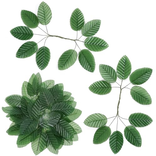 50 hojas de arte para manualidades, hojas verdes artificiales, hojas de seda, hojas artificiales individuales, hojas artificiales con tallos para arreglos florales, bodas, fiestas, guirnaldas (verde)