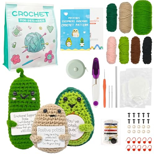 Rosedreamer Häkelset für Anfänger,3 Häkelnadel Set,Tiere Häckeln,Stricken für Anfänger mit Videokurs,Crochet Set für Erwachsene Kinder Geschenk (Gurke-Kartoffel-Avocado)