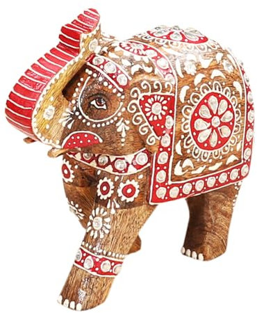 Marrakesch Handgeschnitzter Elefant Dekoaufsteller aus Holz Laksha Natur 19cm | Aesthetic Figuren modern als Deko Wohnzimmer & Schlafzimmer | Handbemalte Holzdeko als Tischdeko & Fensterbank Deko
