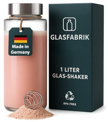 GLASFABRIK Premium Glas Shaker Proteinshake | 1 Liter BPA-freie Glasflasche mit Edelstahlkugel | Nachhaltiger Protein Shaker aus Glas | Geschmacksneutral & auslaufsicher | Deutsche Markenqualität