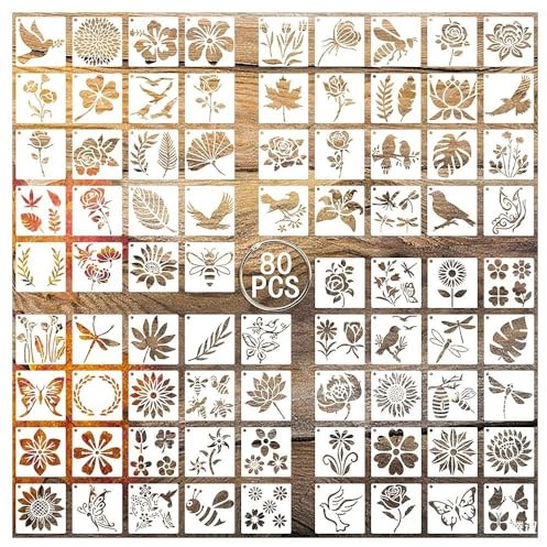 pclapora 80 Pezzi Stencil per Pittura Riutilizzabili, Kit Stencil Disegno Fiori, Riutilizzabili Motivo Foglie di Fiori Uccelli, per Lavori Artigianali, Scrapbooking, Disegno, Graffiti, Muro, Legno