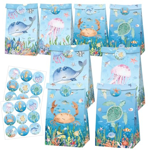 Geschenktüten Kindergeburtstag 12 Stück Meerestiere Motiv Mit 18 Aufkleber Süßigkeiten Tüten Mitgebsel Beutel Geschenkbeutel Party (Blau, 22 * 12 * 8CM, Meerestiere)