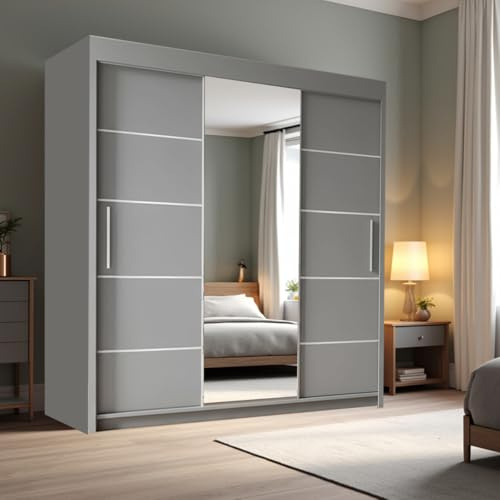 VENICE 2 & 3 Doors Sliding Mirror Wardrobe Modern Free Standing Bedroom Furniture with Adjustable Shelves, Drawers & Hanging Rails Multiple Colours & Sizes 120/150/180/203/250 cm (Grey, 250cm)