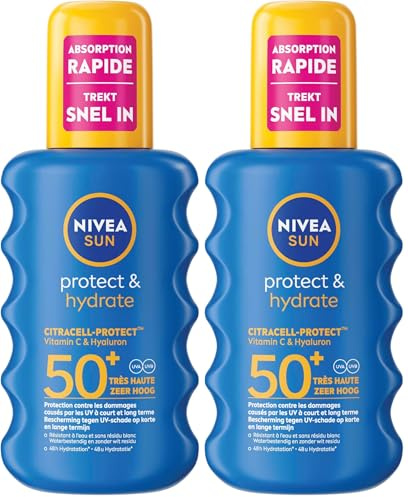 NIVEA SUN Spray Solaire Protect & Hydrate SPF 50+ 200 ml — Crème Solaire résistante à l'eau — Protège et Hydrate — Haute Protection Visage et Corps (Lot de 2)