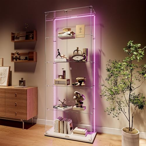 BPKADHY glasvitrinskåp, stående vitrinskåp, glas med LED-belysning, vitrinskåp med glas och 2 dörrar, 5 våningar, samlarvitrin för böcker, modeller, leksaker (vit-2 dörr, 5 lager + LED-ljusrem)