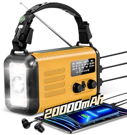 Radio de Secours à manivelle 20000 mAh/74000 mWh, Radio météo Portable NOAA/AM/FM Solaire, alimentée par Batterie, Chargeur USB, Lampe Torche, Lampe de Lecture & SOS pour Survie (Jaune Orange)