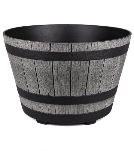 OptiProducts Large Half Barrel Planter (Pack of 1) – Heavy Duty Plastic Garden Plant Pot for Indoor & Outdoor Flowers, Shrubs, Herbs, Vegetables, Patio, Balcony & Garden Décor (SILVER)