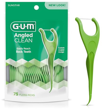GUM Angled Floss Picks, Perfect for Tight Teeth, Extra Strong Shred-Resistant Dental Floss, Angled for Easy Reach, Dental Flossers for Adults, Fresh Mint Flavor, 75 Count
