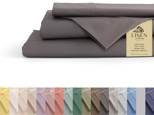 Linen Home 100% Cotton Percale Sheets Twin Size, Charcoal, Deep Pocket, 3 Pieces Set - 1 Flat, 1 Deep Pocket Fitted Sheet and 1 Pillowcase, Crisp Cool and Strong Bed Linen
