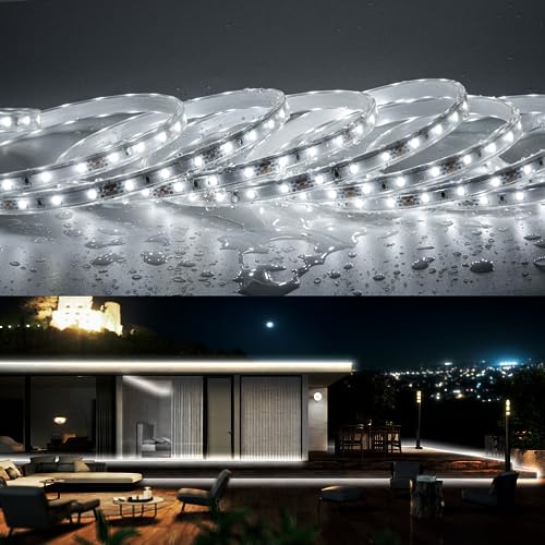 GUOTONG 12V LED Strip Rope Lights, Daylight White 50ft/15m, Flexible Unconnectable Waterproof SMD 2835 Lamp Home Kitchen Party Christmas